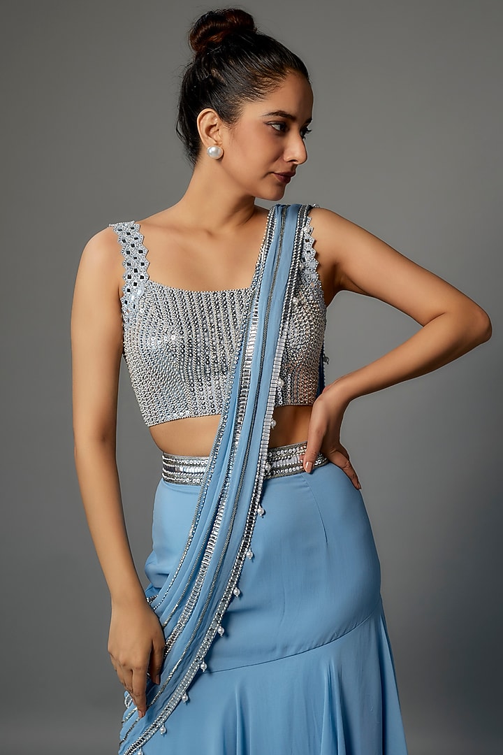 Blue Georgette & Raw Silk Ruffled Wedding Saree Set by Kresha Lulla at Pernia's Pop Up Shop