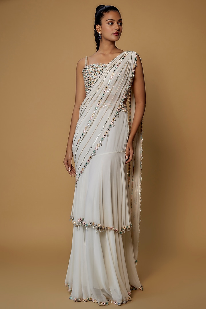Ivory Raw Silk & Georgette Embroidered Tiered Saree Set by Kresha Lulla