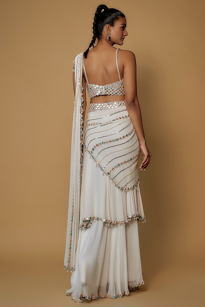 Ivory Raw Silk & Georgette Embroidered Tiered Reception Saree Set by Kresha Lulla at Pernia's Pop Up Shop