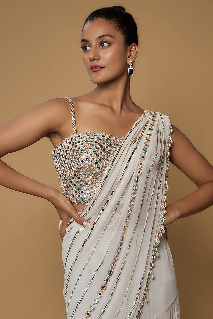 Ivory Raw Silk & Georgette Embroidered Tiered Reception Saree Set by Kresha Lulla at Pernia's Pop Up Shop