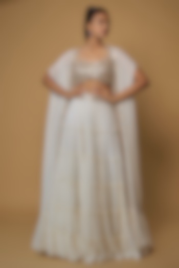 Ivory Raw Silk & Georgette Embroidered Cape Set by Kresha Lulla at Pernia's Pop Up Shop