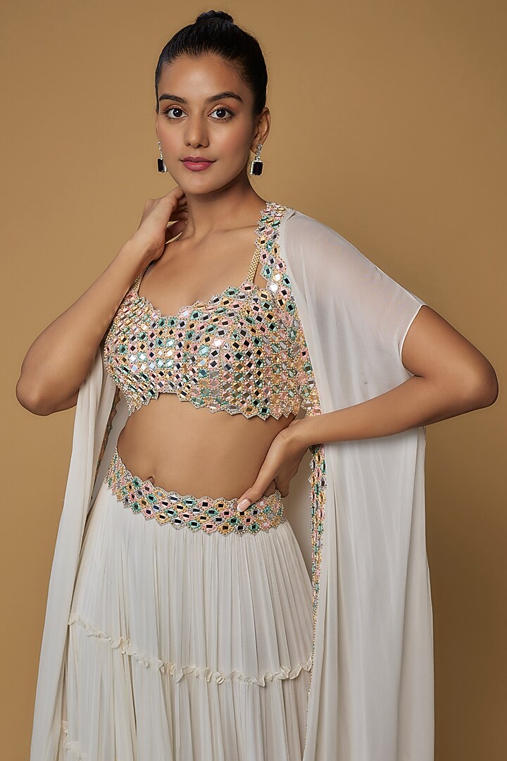 Ivory Raw Silk & Georgette Embroidered Cape Set by Kresha Lulla at Pernia's Pop Up Shop