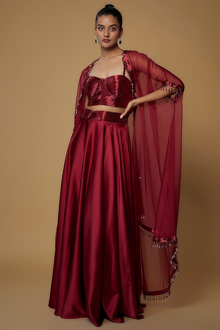 Maroon Raw Silk & Satin Embroidered Cape Set by Kresha Lulla at Pernia's Pop Up Shop