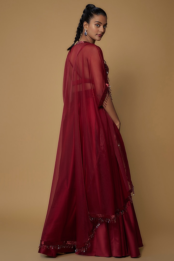 Maroon Raw Silk & Satin Embroidered Cape Set by Kresha Lulla at Pernia's Pop Up Shop