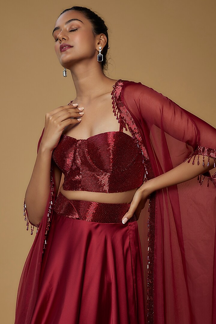 Maroon Raw Silk & Satin Embroidered Cape Set by Kresha Lulla at Pernia's Pop Up Shop