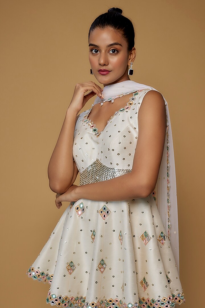 Ivory Raw Silk & Net Embroidered Wedding Sharara Set by Kresha Lulla at Pernia's Pop Up Shop