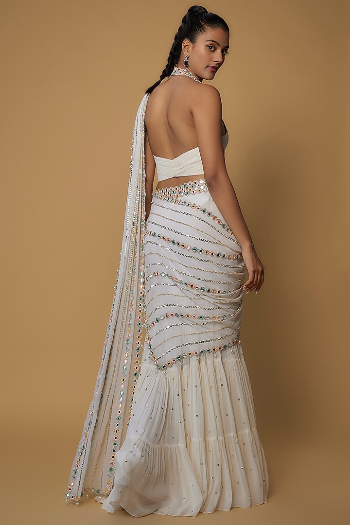 Ivory Georgette Embroidered Tiered Reception Saree Set by Kresha Lulla at Pernia's Pop Up Shop