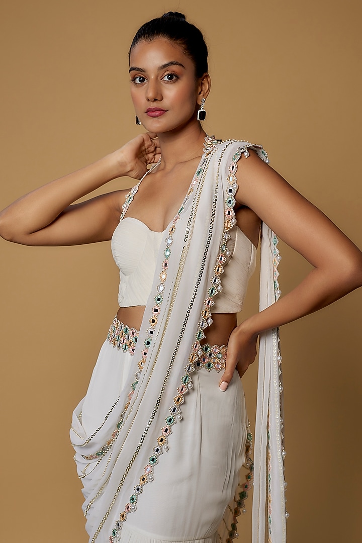 Ivory Georgette Embroidered Tiered Reception Saree Set by Kresha Lulla at Pernia's Pop Up Shop