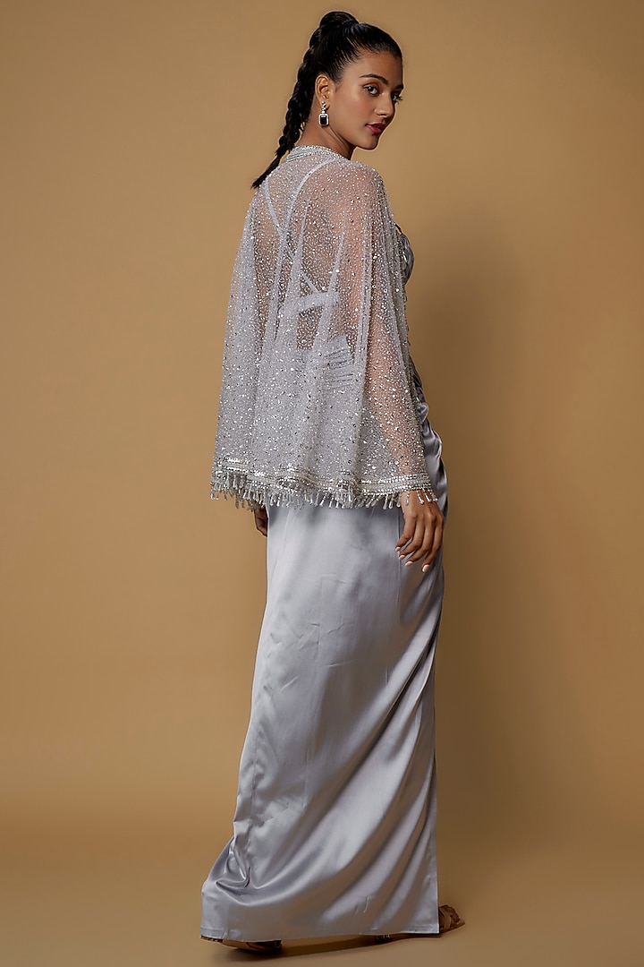 Silver Net & Satin Embroidered Cape Set by Kresha Lulla at Pernia's Pop Up Shop
