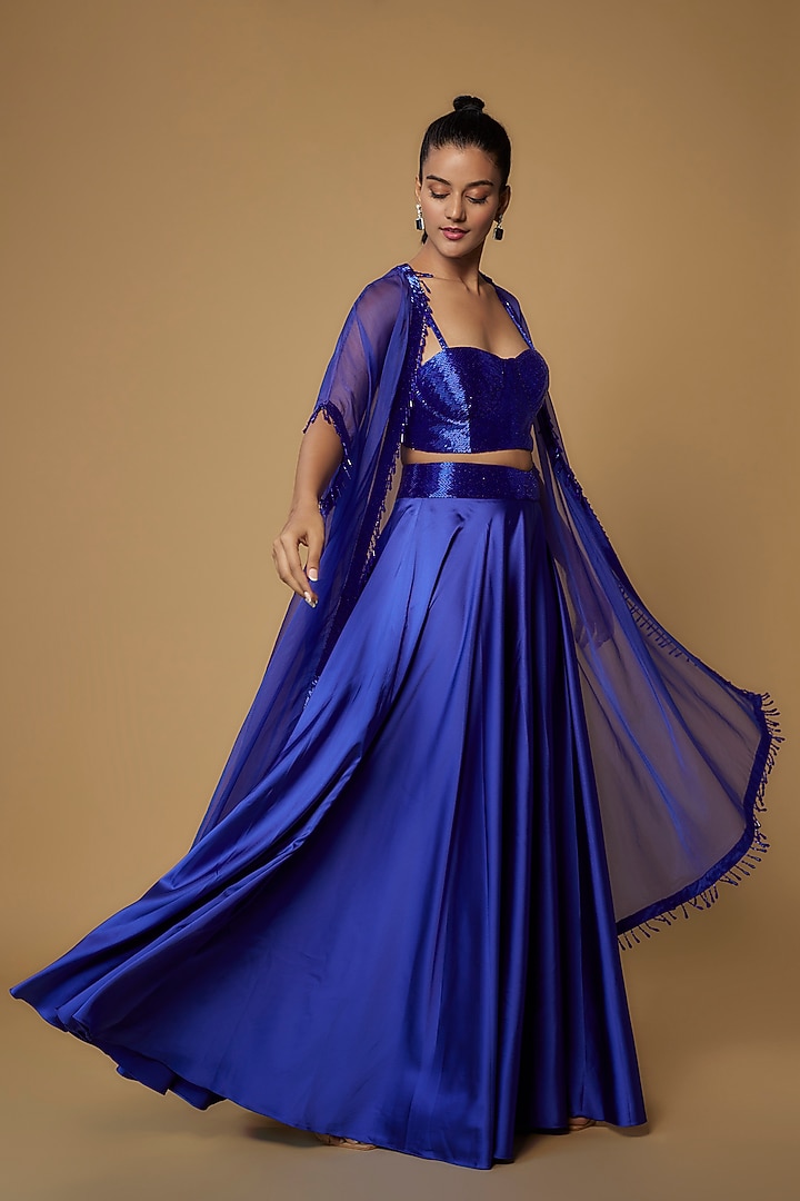 Royal Blue Satin & Organza Cape Set by Kresha Lulla at Pernia's Pop Up Shop
