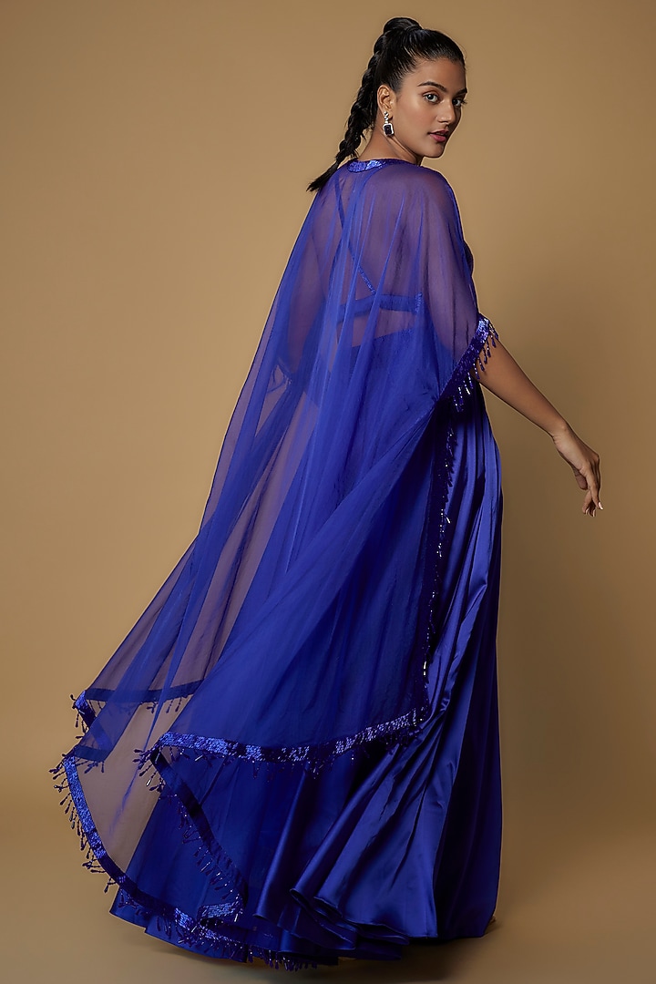 Royal Blue Satin & Organza Cape Set by Kresha Lulla at Pernia's Pop Up Shop