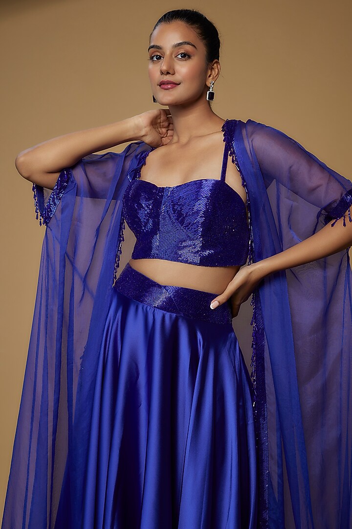 Royal Blue Satin & Organza Cape Set by Kresha Lulla at Pernia's Pop Up Shop