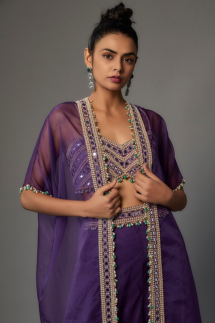 Purple Organza Embroidered Cape Set by Kresha Lulla at Pernia's Pop Up Shop