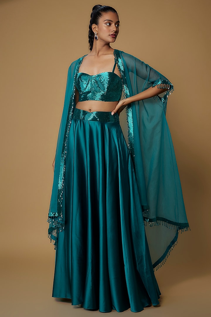 Teal Green Raw Silk & Satin Embroidered Cape Set by Kresha Lulla at Pernia's Pop Up Shop
