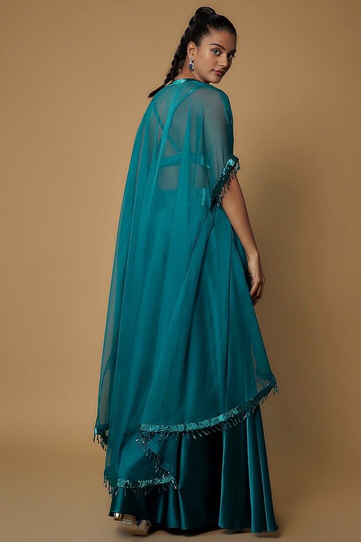 Teal Green Raw Silk & Satin Embroidered Cape Set by Kresha Lulla at Pernia's Pop Up Shop