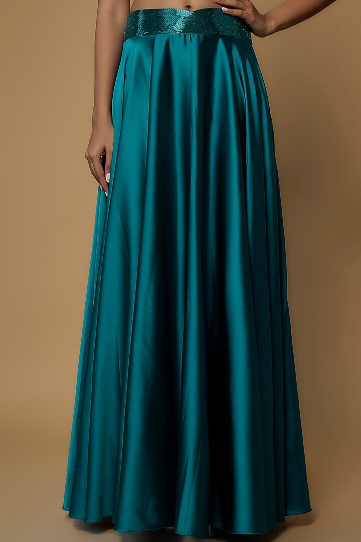 Teal Green Raw Silk & Satin Embroidered Cape Set by Kresha Lulla at Pernia's Pop Up Shop