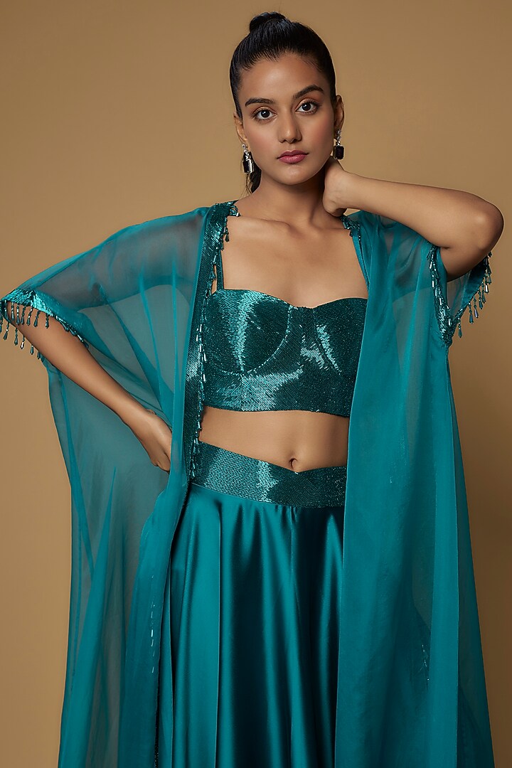 Teal Green Raw Silk & Satin Embroidered Cape Set by Kresha Lulla at Pernia's Pop Up Shop