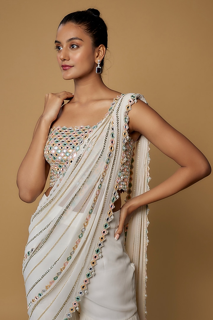 Ivory Georgette & Raw Silk Embroidered Sharara Wedding Saree Set by Kresha Lulla at Pernia's Pop Up Shop