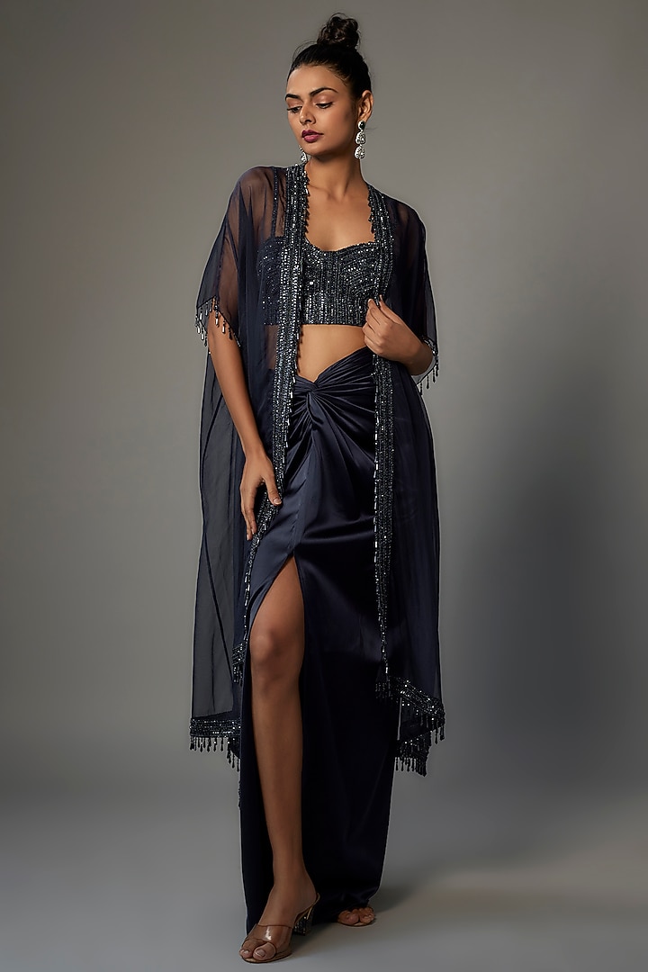 Navy Blue Organza Embroidered Cape Set by Kresha Lulla at Pernia's Pop Up Shop