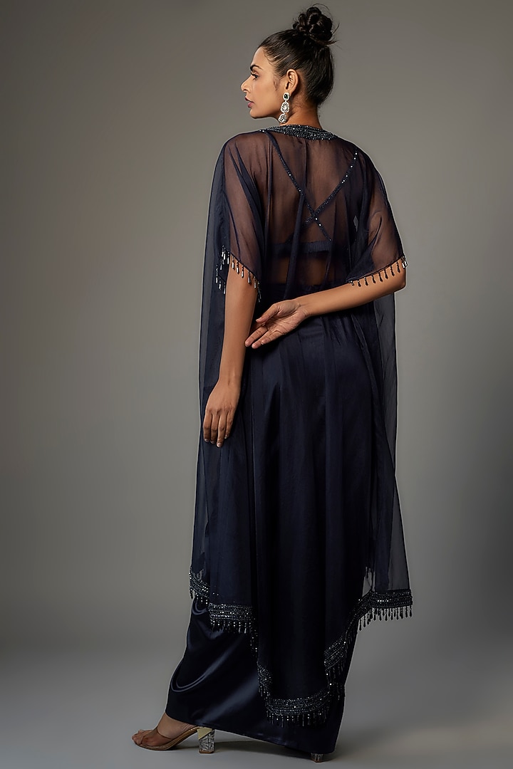 Navy Blue Organza Embroidered Cape Set by Kresha Lulla at Pernia's Pop Up Shop