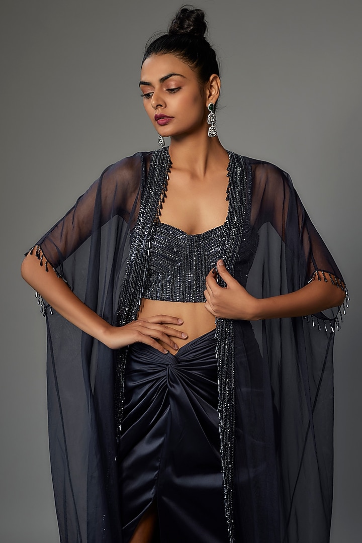 Navy Blue Organza Embroidered Cape Set by Kresha Lulla at Pernia's Pop Up Shop