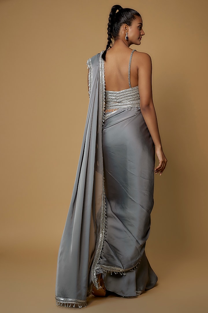 Silver Satin & Raw Silk Reception Saree Set by Kresha Lulla at Pernia's Pop Up Shop