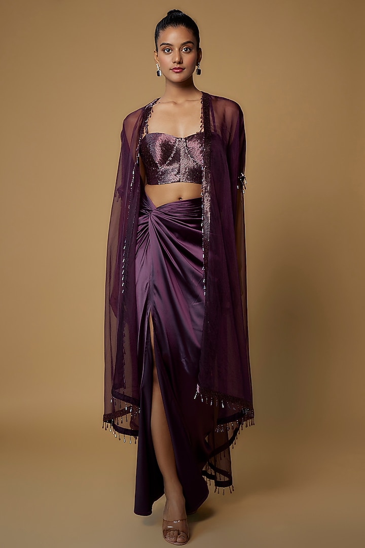 Aubergine Raw Silk & Satin Embroidered Cape Set by Kresha Lulla at Pernia's Pop Up Shop
