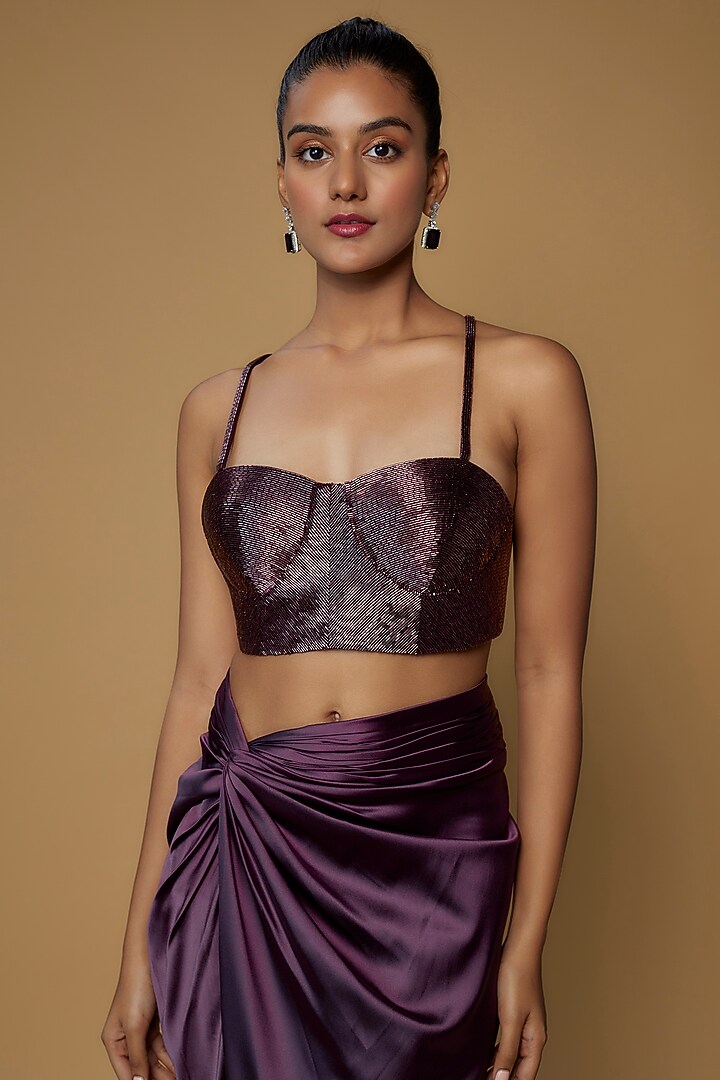 Aubergine Raw Silk & Satin Embroidered Cape Set by Kresha Lulla at Pernia's Pop Up Shop