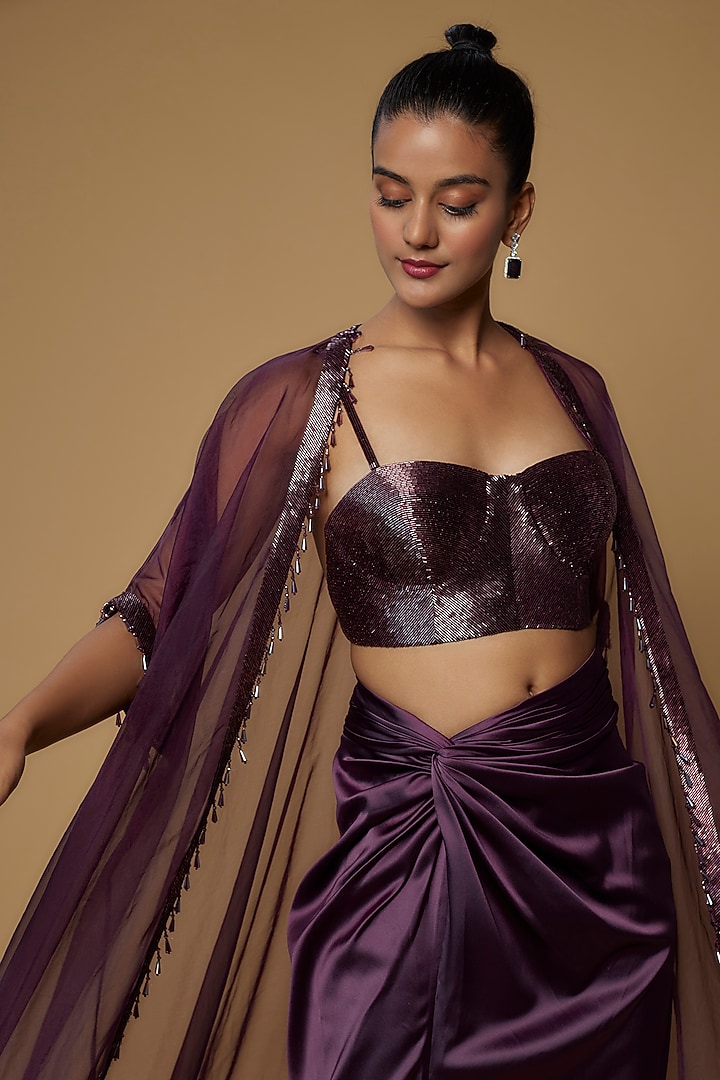 Aubergine Raw Silk & Satin Embroidered Cape Set by Kresha Lulla at Pernia's Pop Up Shop