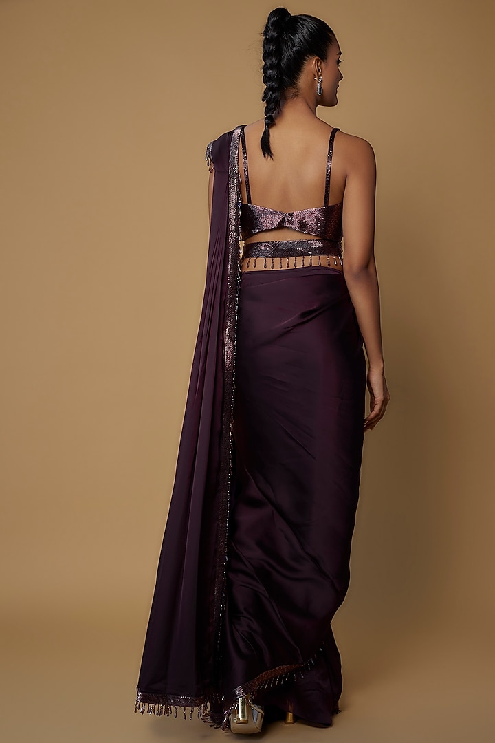 Aubergine Satin & Raw Silk Reception Saree Set by Kresha Lulla at Pernia's Pop Up Shop