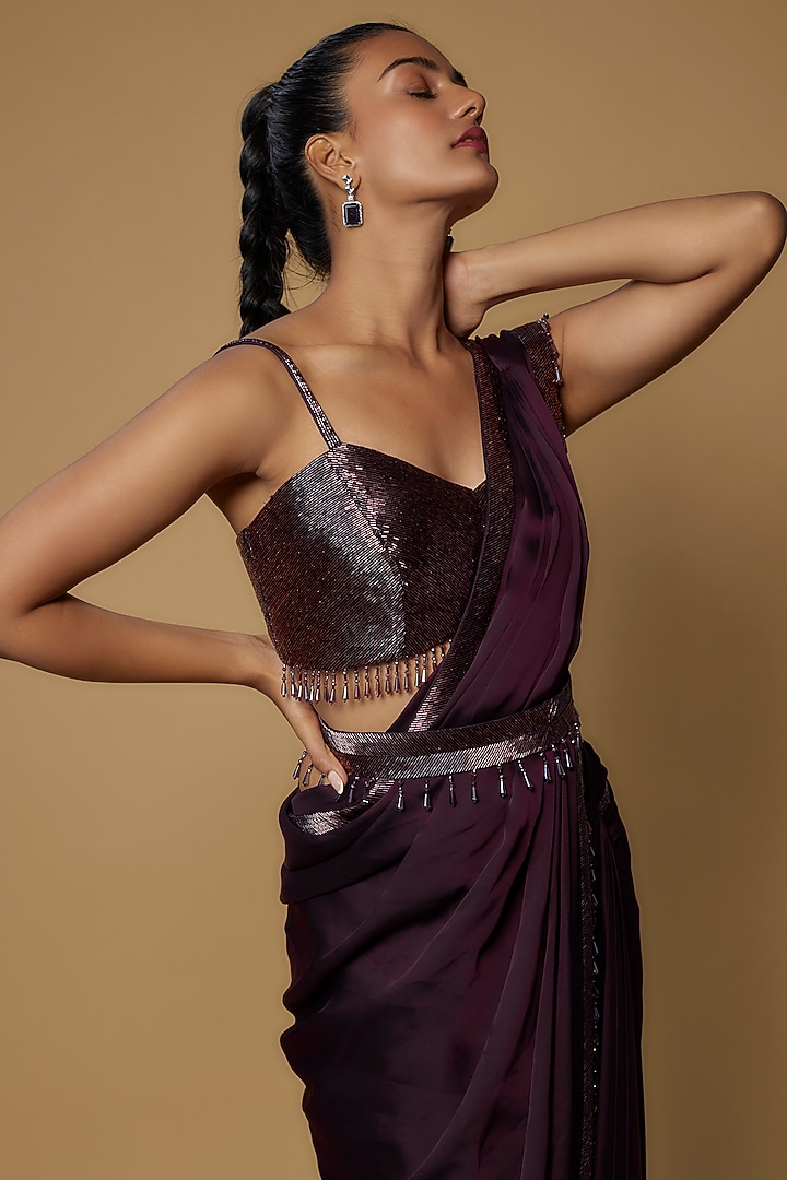 Aubergine Satin & Raw Silk Reception Saree Set by Kresha Lulla at Pernia's Pop Up Shop