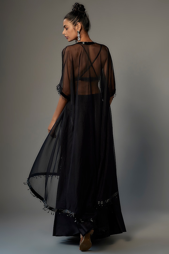 Black Organza Embroidered Cape Set by Kresha Lulla at Pernia's Pop Up Shop