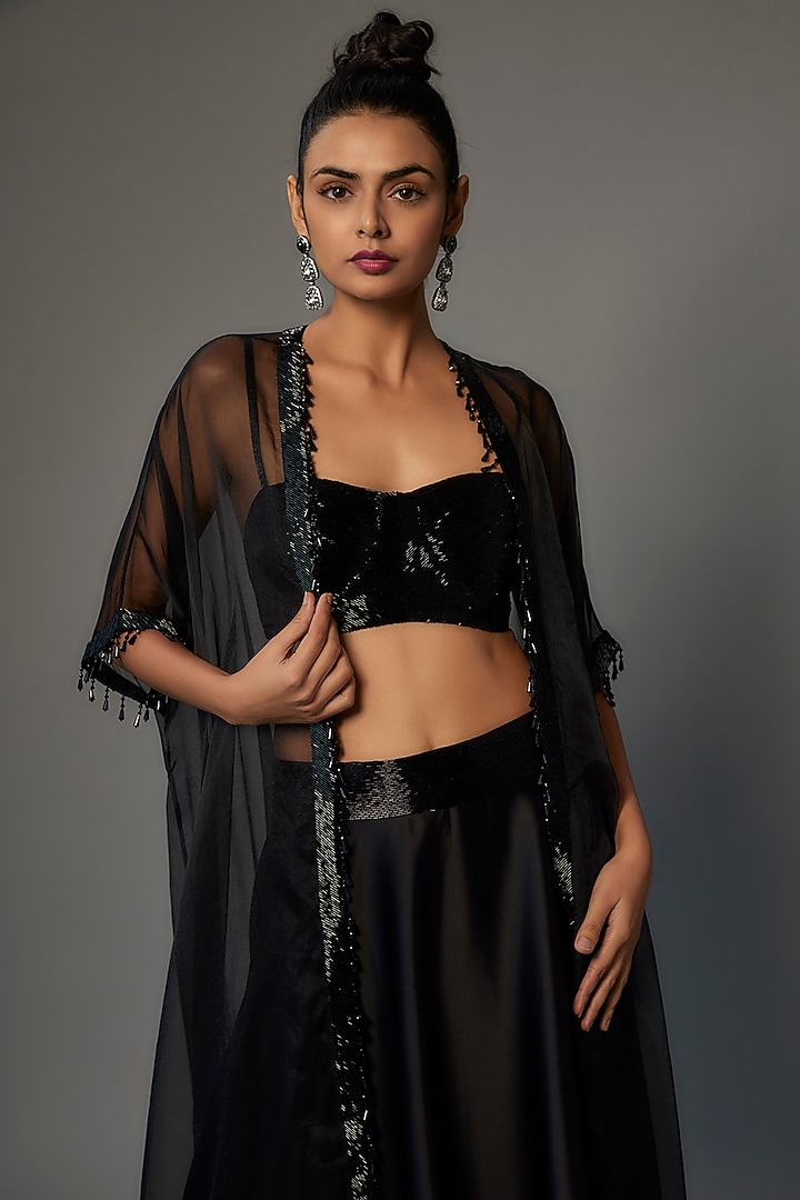 Black Organza Embroidered Cape Set by Kresha Lulla at Pernia's Pop Up Shop