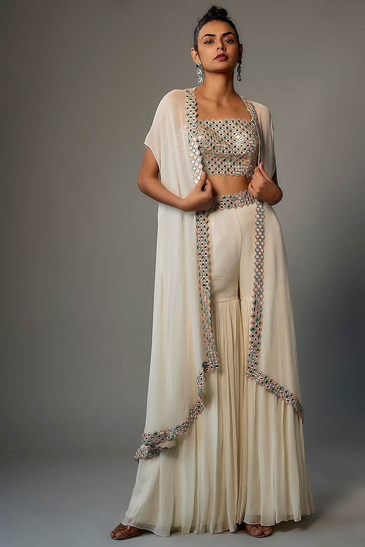 Ivory Georgette & Raw Silk Embroidered Cape Set by Kresha Lulla at Pernia's Pop Up Shop