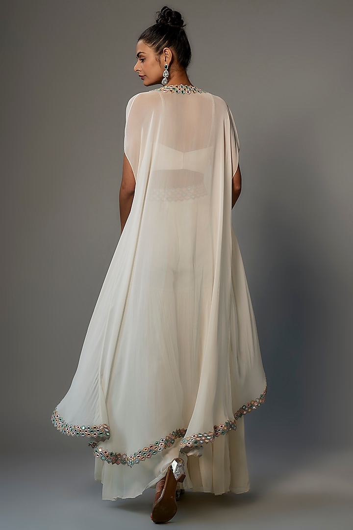 Ivory Georgette & Raw Silk Embroidered Cape Set by Kresha Lulla at Pernia's Pop Up Shop