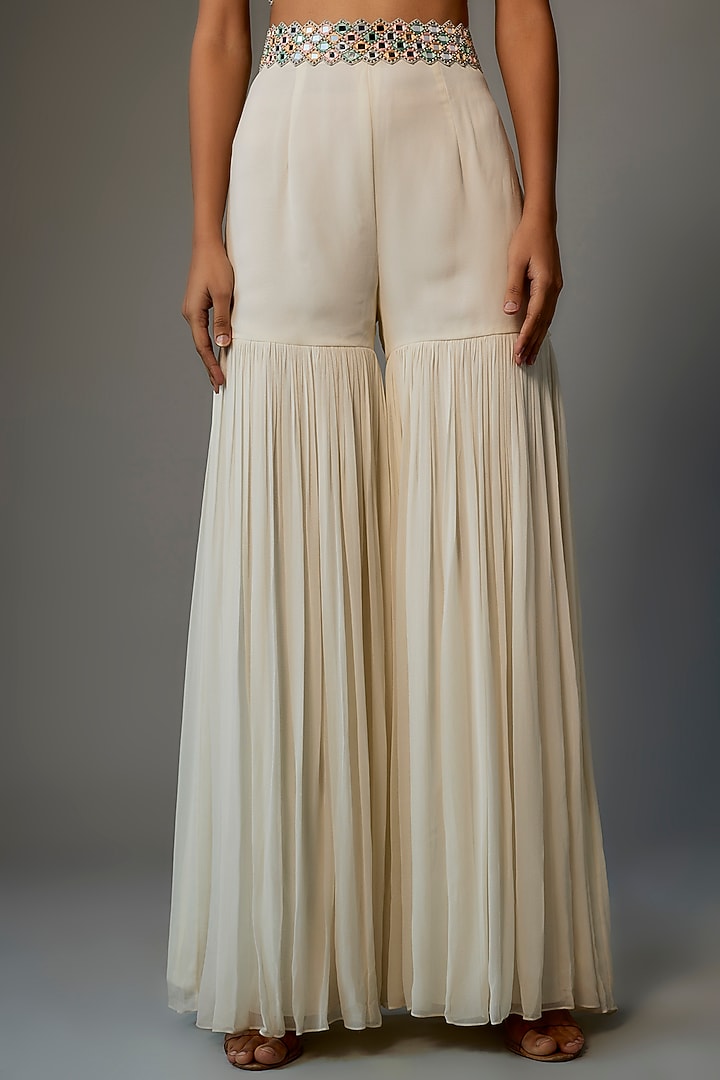 Ivory Georgette & Raw Silk Embroidered Cape Set by Kresha Lulla at Pernia's Pop Up Shop
