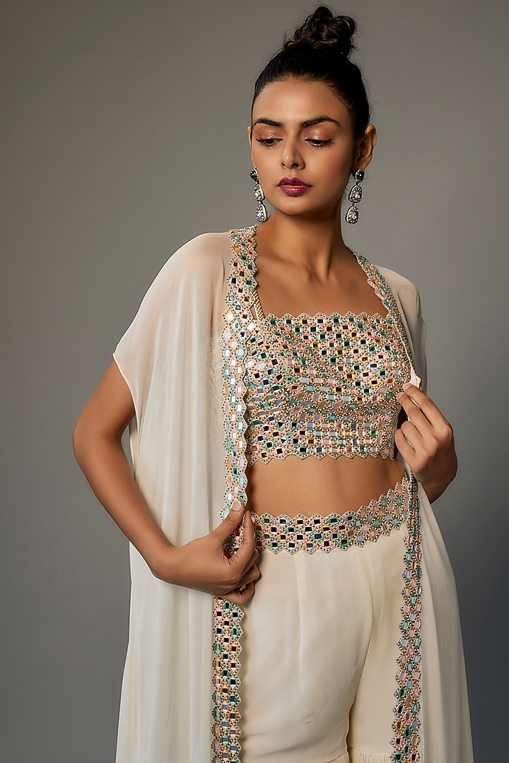 Ivory Georgette & Raw Silk Embroidered Cape Set by Kresha Lulla at Pernia's Pop Up Shop