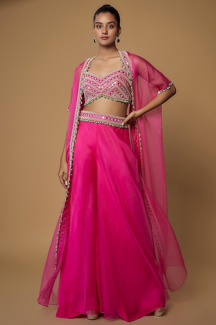 Fuchsia Raw Silk & Organza Embroidered Wedding Sharara Set by Kresha Lulla at Pernia's Pop Up Shop
