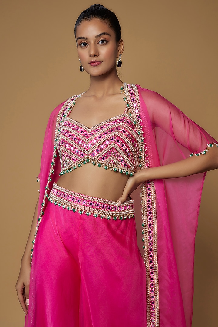 Fuchsia Raw Silk & Organza Embroidered Wedding Sharara Set by Kresha Lulla at Pernia's Pop Up Shop