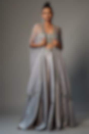 Silver Organza Embroidered Cape Set by Kresha Lulla at Pernia's Pop Up Shop