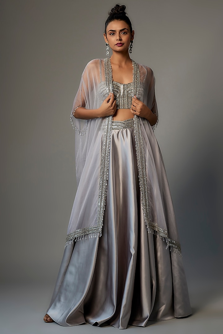 Silver Organza Embroidered Cape Set by Kresha Lulla