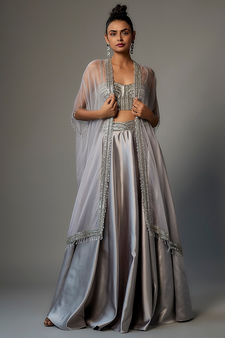 Silver Organza Embroidered Cape Set by Kresha Lulla at Pernia's Pop Up Shop
