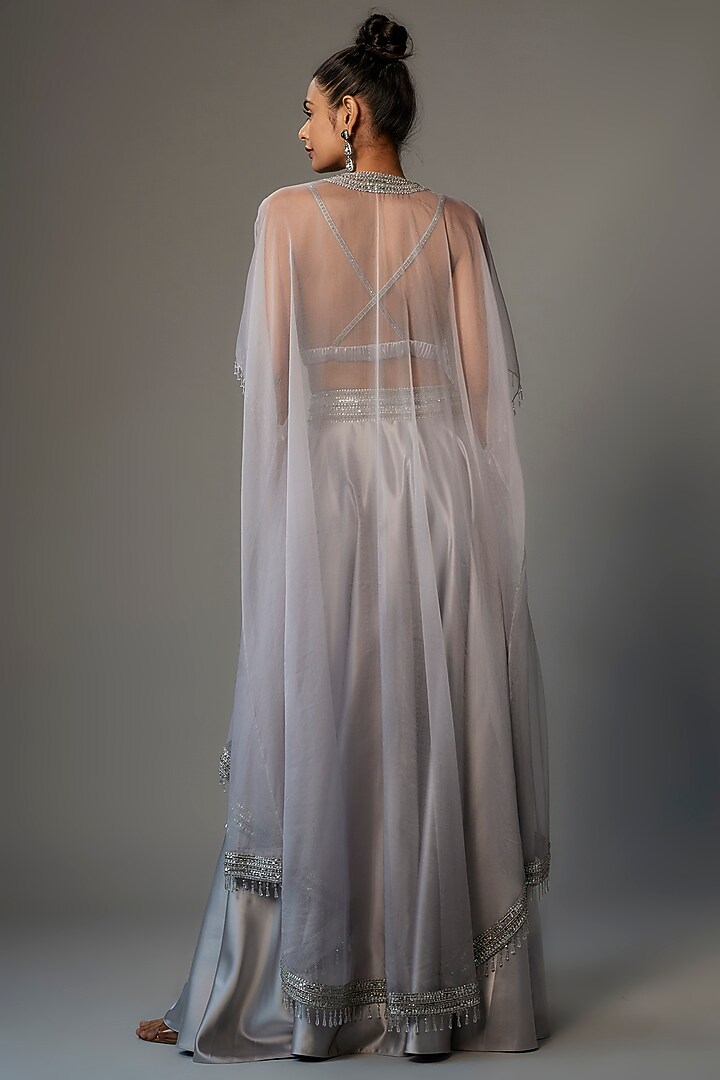 Silver Organza Embroidered Cape Set by Kresha Lulla at Pernia's Pop Up Shop