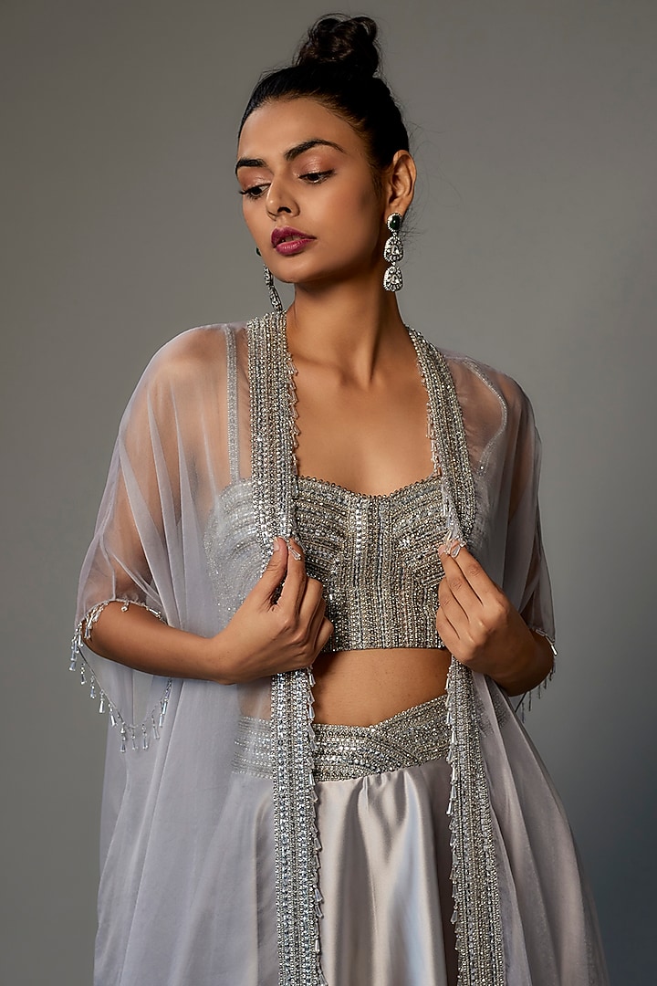 Silver Organza Embroidered Cape Set by Kresha Lulla at Pernia's Pop Up Shop
