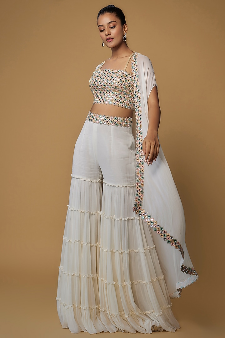 Ivory Raw Silk & Georgette Embroidered Cape Set by Kresha Lulla at Pernia's Pop Up Shop