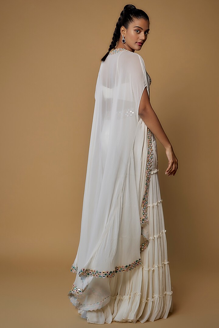 Ivory Raw Silk & Georgette Embroidered Cape Set by Kresha Lulla at Pernia's Pop Up Shop