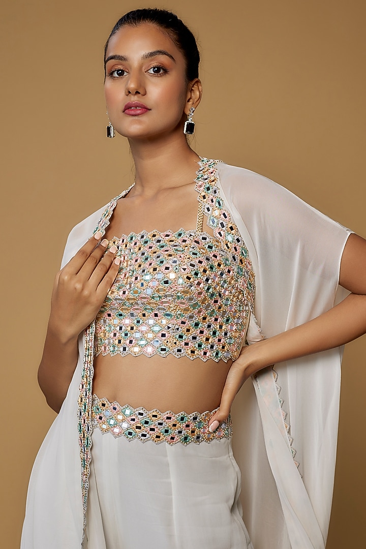 Ivory Raw Silk & Georgette Embroidered Cape Set by Kresha Lulla at Pernia's Pop Up Shop