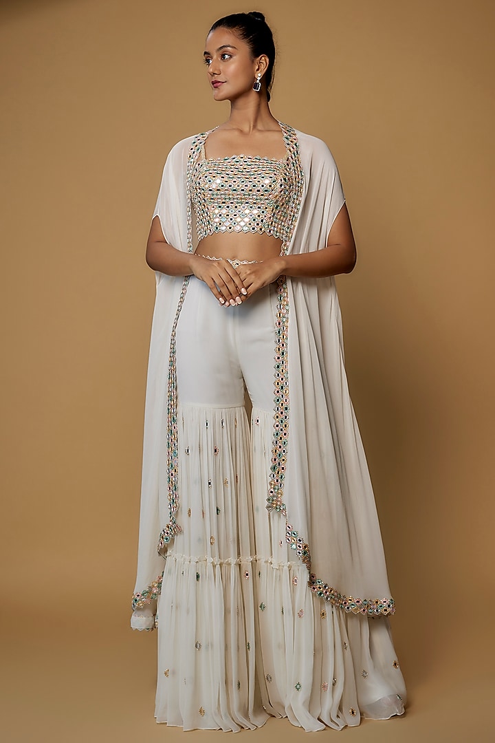 Ivory Raw Silk & Georgette Embroidered Cape Set by Kresha Lulla at Pernia's Pop Up Shop