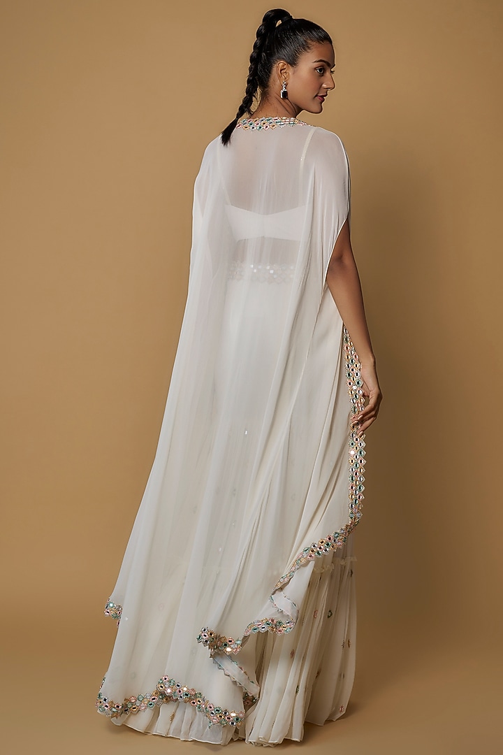Ivory Raw Silk & Georgette Embroidered Cape Set by Kresha Lulla at Pernia's Pop Up Shop