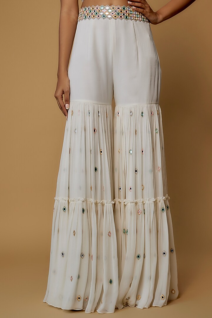 Ivory Raw Silk & Georgette Embroidered Cape Set by Kresha Lulla at Pernia's Pop Up Shop